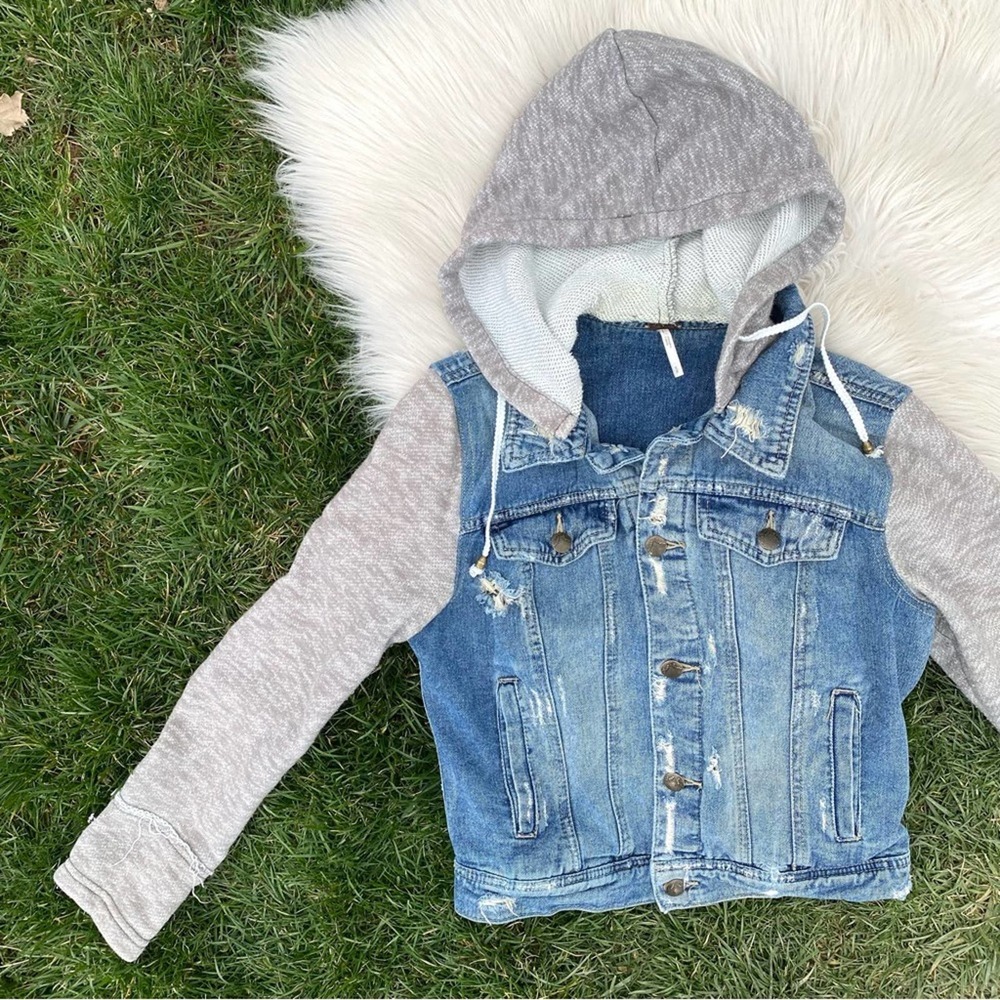 Free People Denim Knit Hoodie Jacket distressed in Indie Wash Small